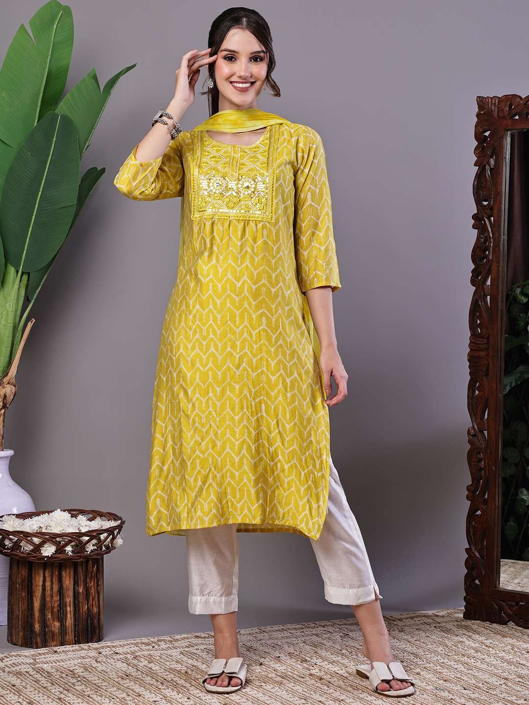 Women's Mustard Yellow Chevron Print Chanderi Kurta Set with Mirror Work Suit Sets